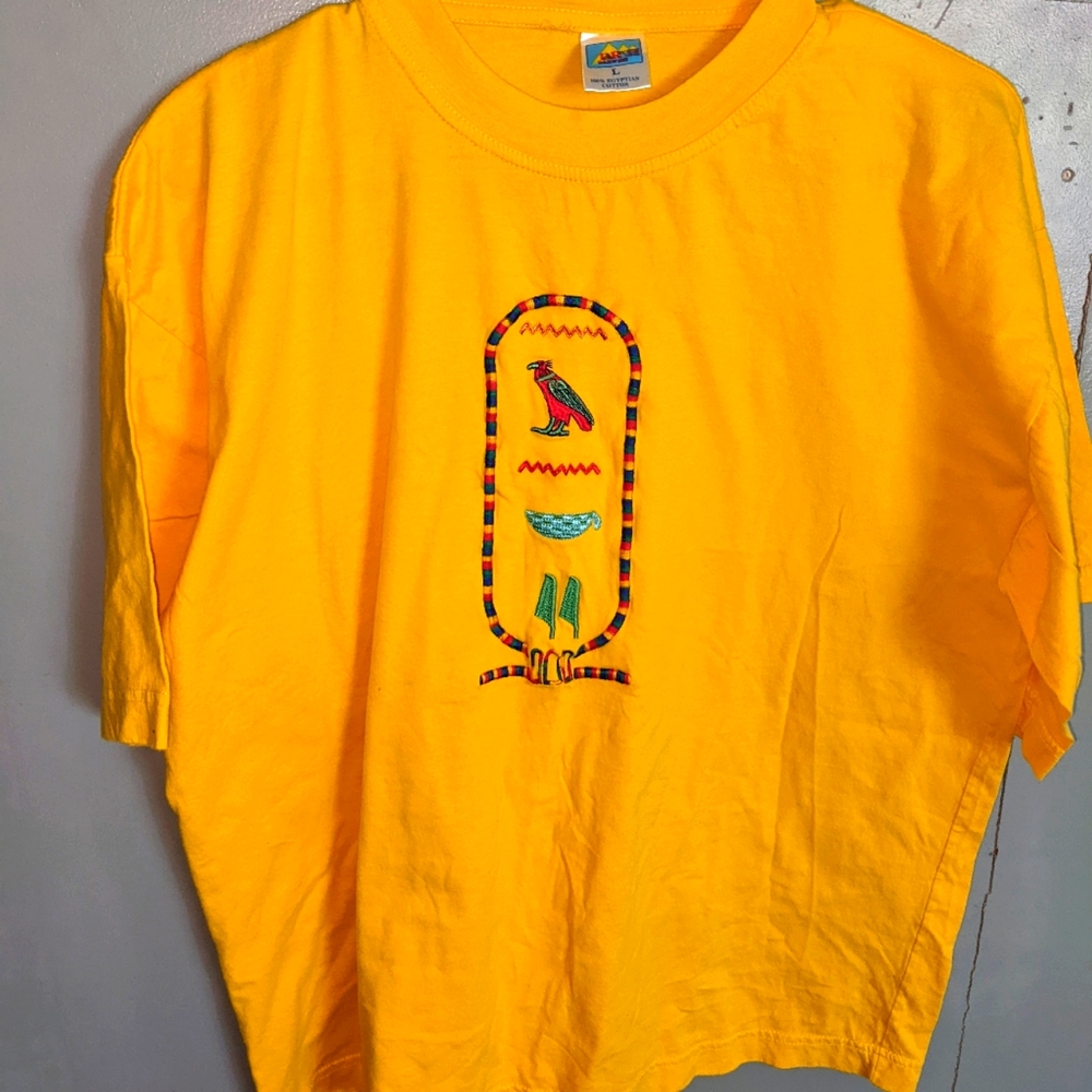 Vintage 90's Darwish Tablet Hieroglyph Yellow Egyptian cotton top.